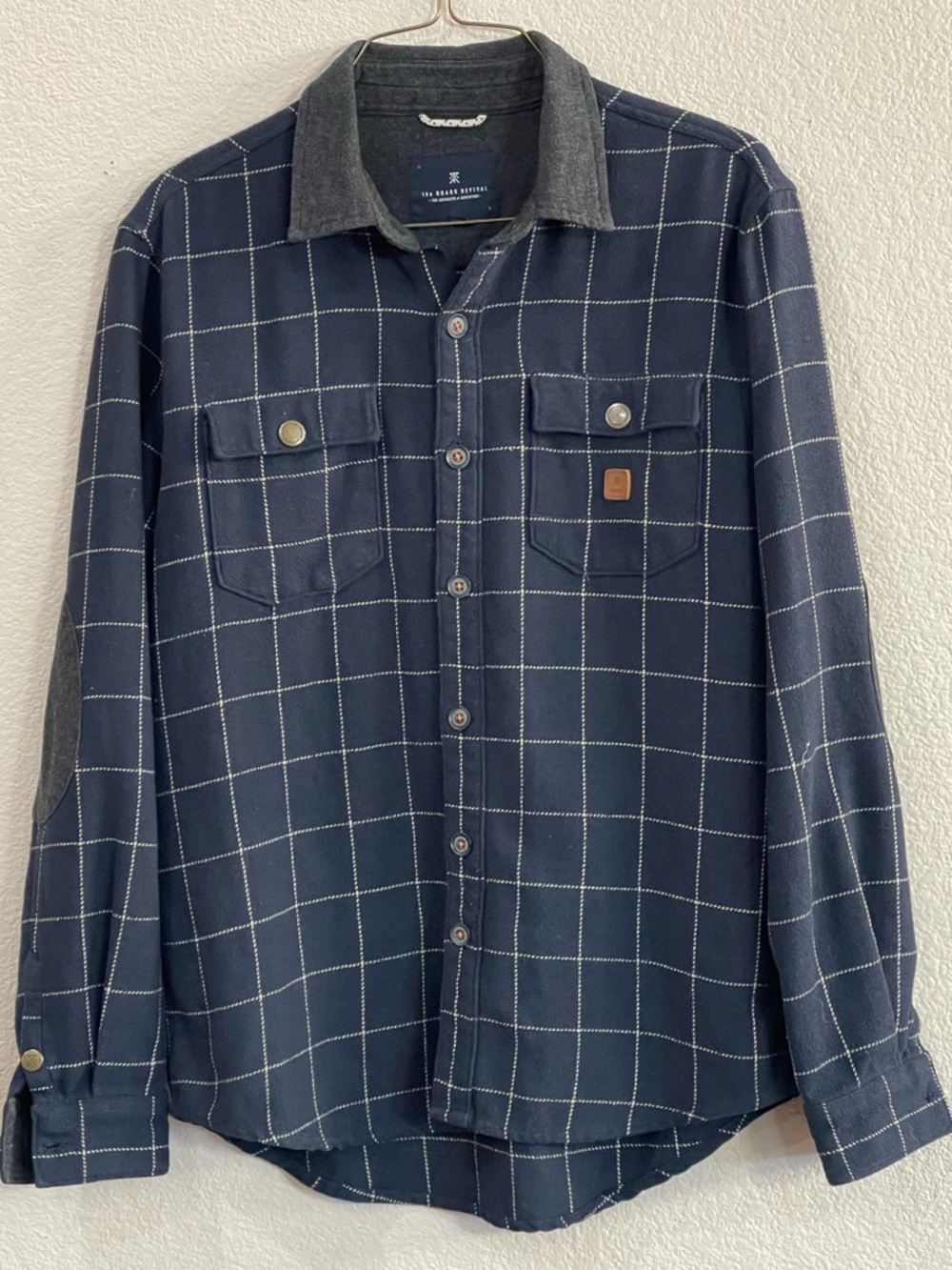 Roark Revival Navy Windowpane Button-Up Shirt with Contrasting Collar